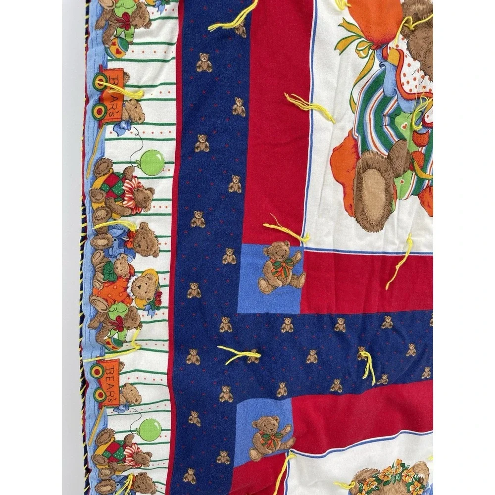 Vintage‎ Handmade Teddy Bear Quilt Blanket Throw Red Blue 39x34 Kids Nursery